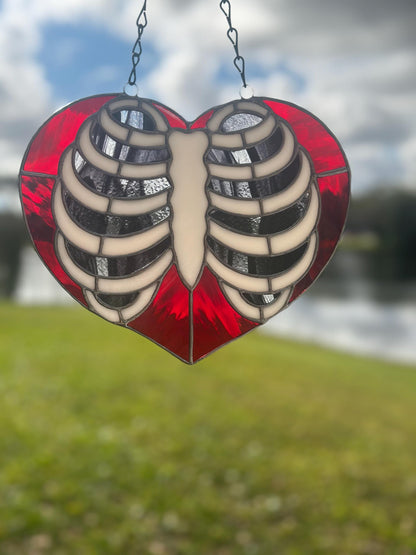 Anatomical Ribcage Heart Stained Glass Suncatcher – Gothic Love Window Art