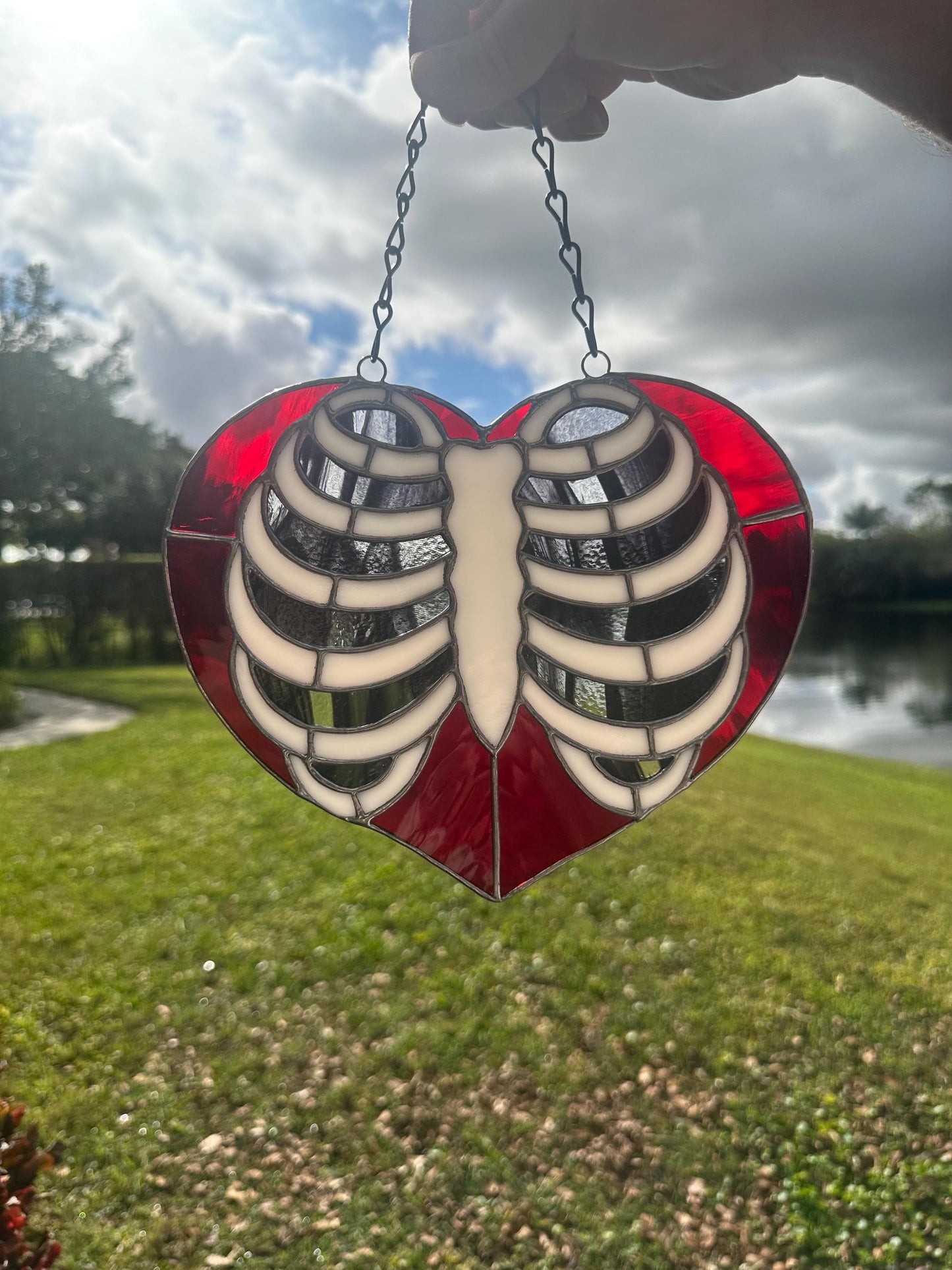 Anatomical Ribcage Heart Stained Glass Suncatcher – Gothic Love Window Art