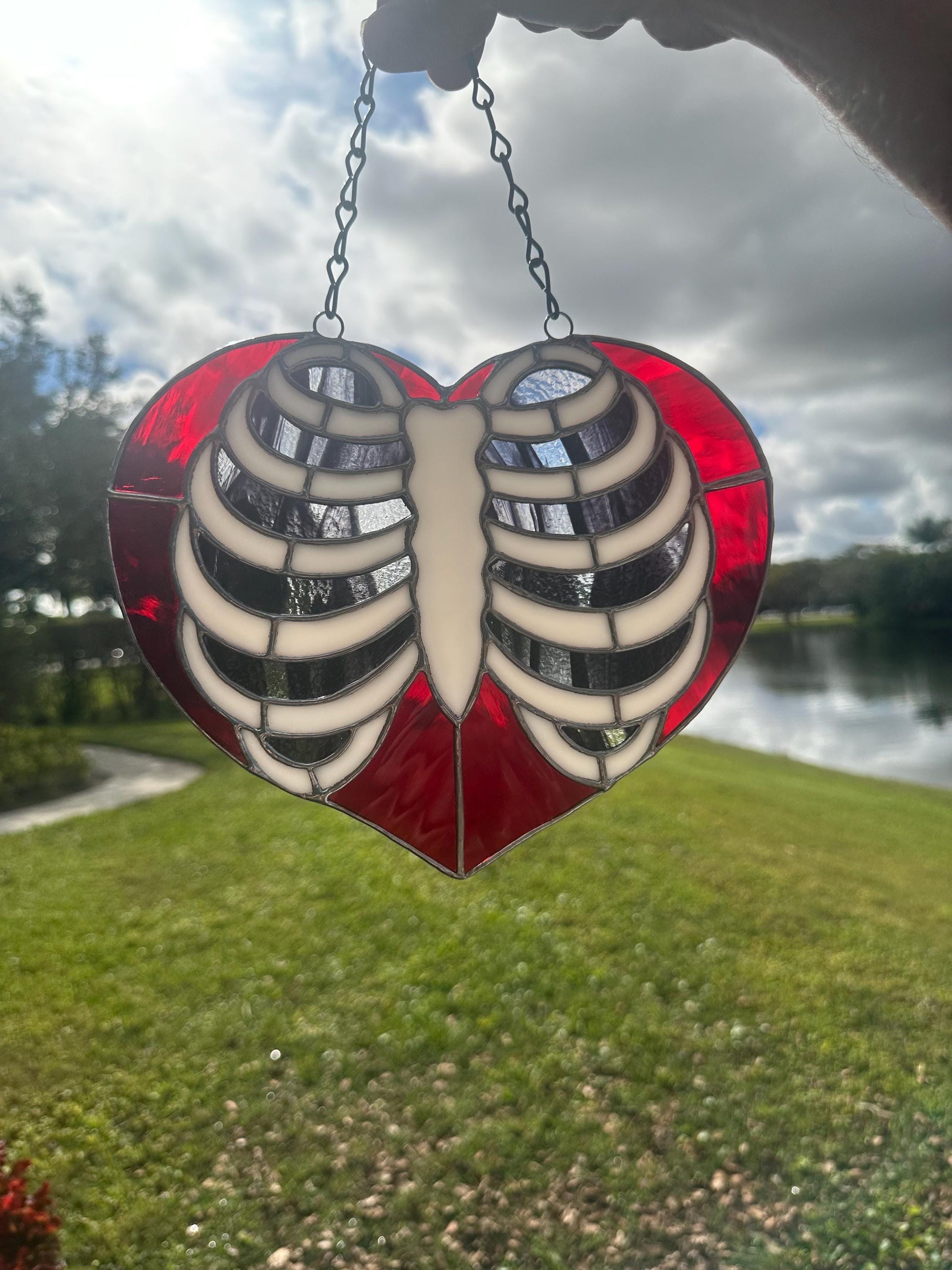 Anatomical Ribcage Heart Stained Glass Suncatcher – Gothic Love Window Art