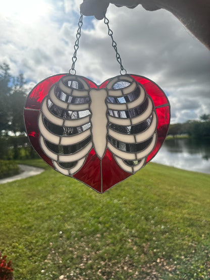Anatomical Ribcage Heart Stained Glass Suncatcher – Gothic Love Window Art