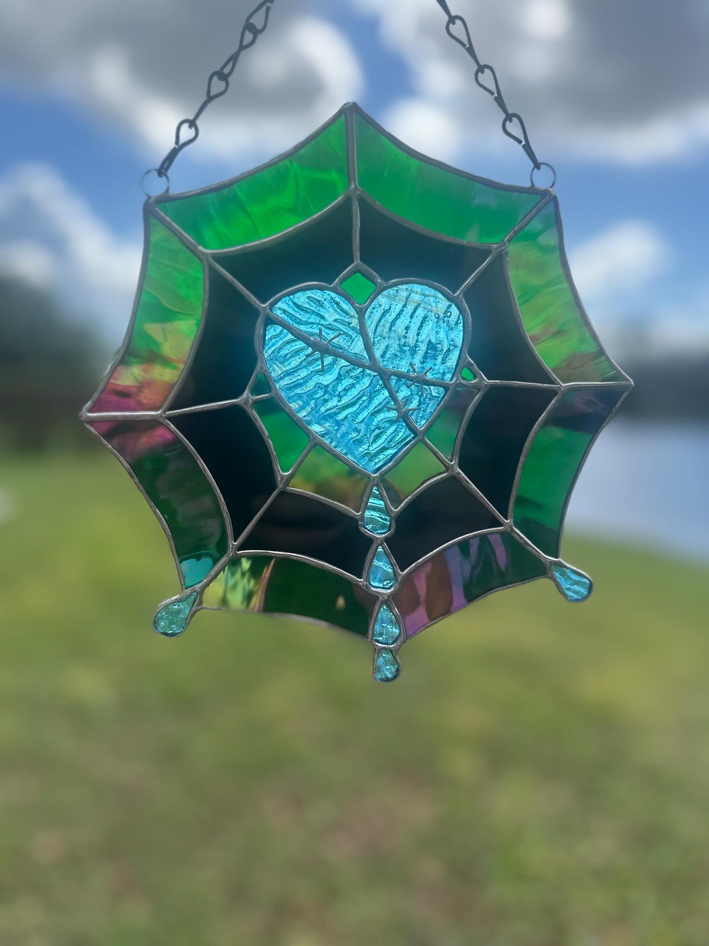 Gothic Stained Glass Spider Web Heart - Dark Decor Sun Catcher