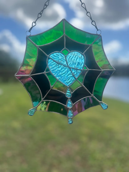 Gothic Stained Glass Spider Web Heart - Dark Decor Sun Catcher