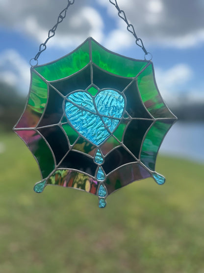 Gothic Stained Glass Spider Web Heart - Dark Decor Sun Catcher