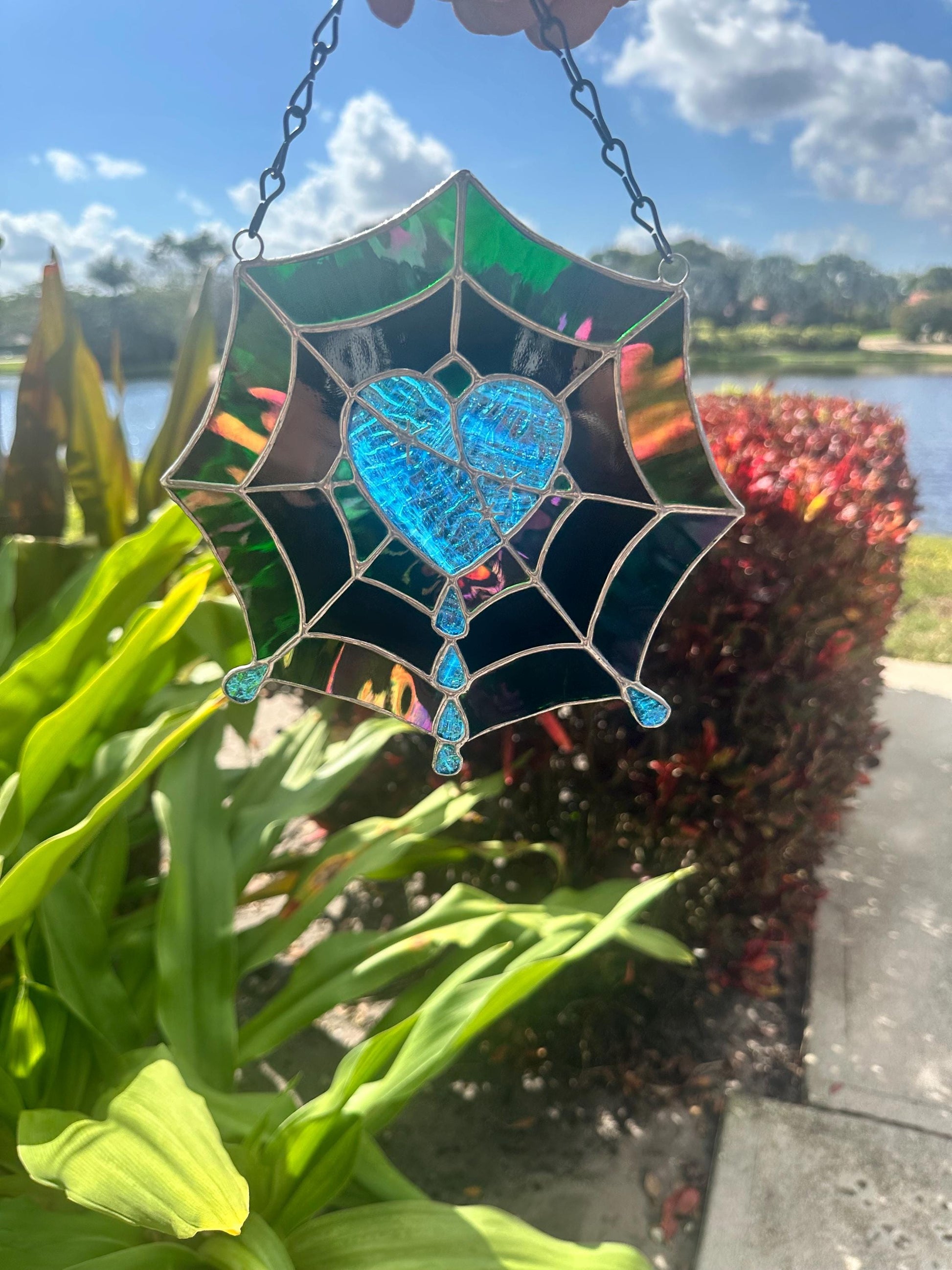 Gothic Stained Glass Spider Web Heart - Dark Decor Sun Catcher