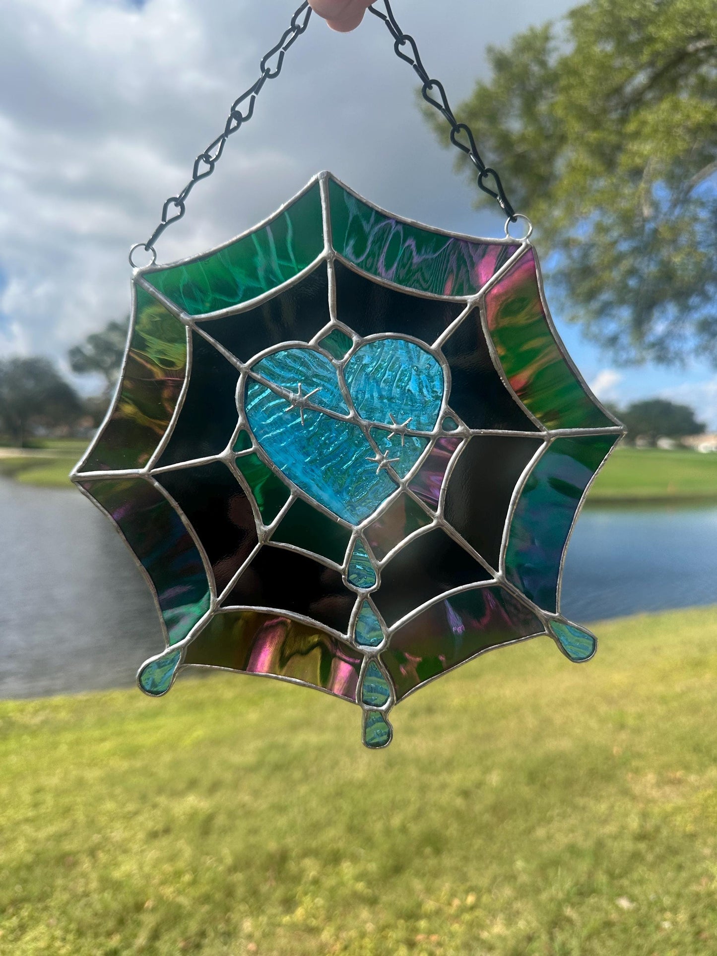 Gothic Stained Glass Spider Web Heart - Dark Decor Sun Catcher