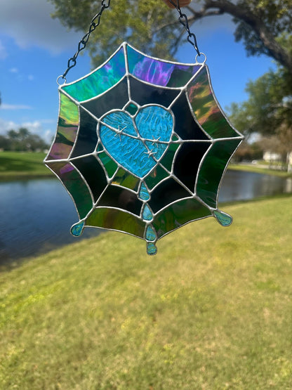 Gothic Stained Glass Spider Web Heart - Dark Decor Sun Catcher