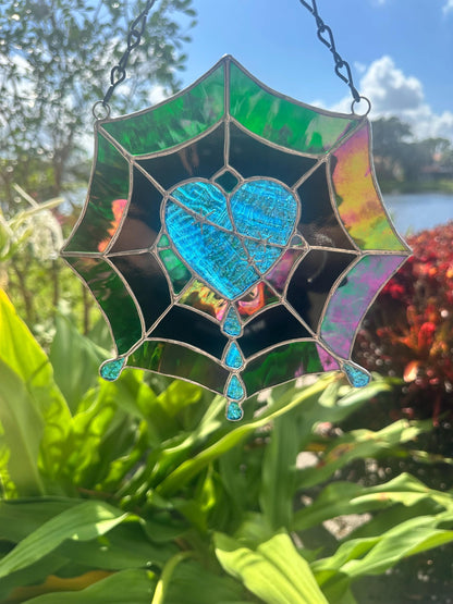 Gothic Stained Glass Spider Web Heart - Dark Decor Sun Catcher