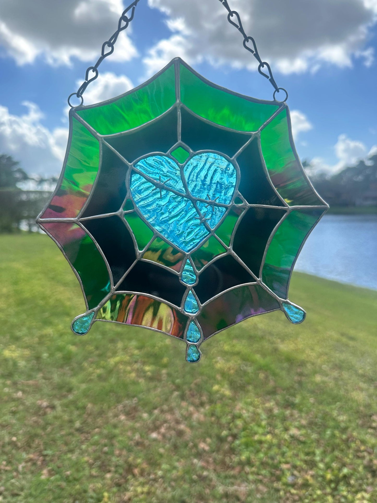 Gothic Stained Glass Spider Web Heart - Dark Decor Sun Catcher