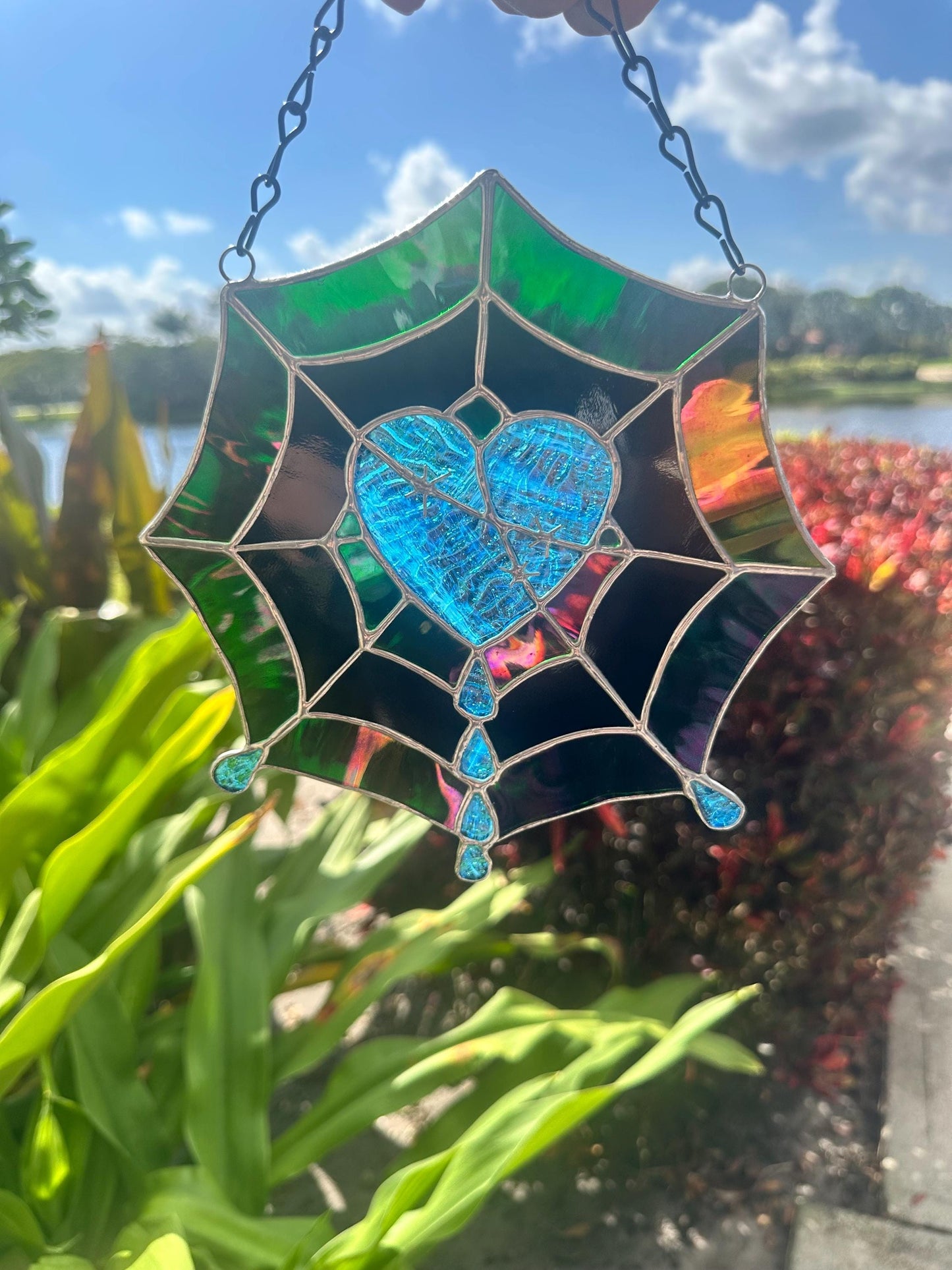 Gothic Stained Glass Spider Web Heart - Dark Decor Sun Catcher