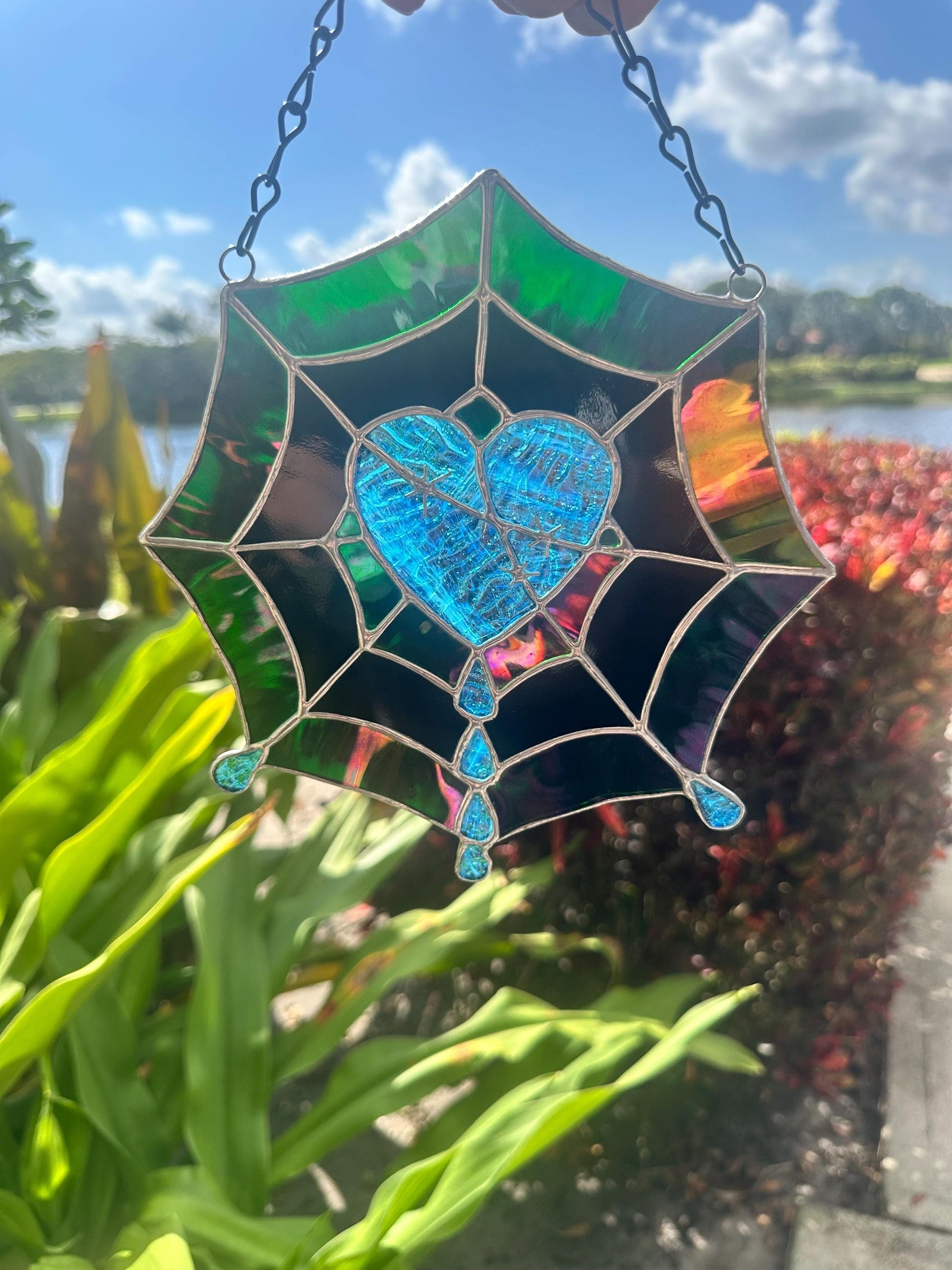 Gothic Stained Glass Spider Web Heart - Dark Decor Sun Catcher