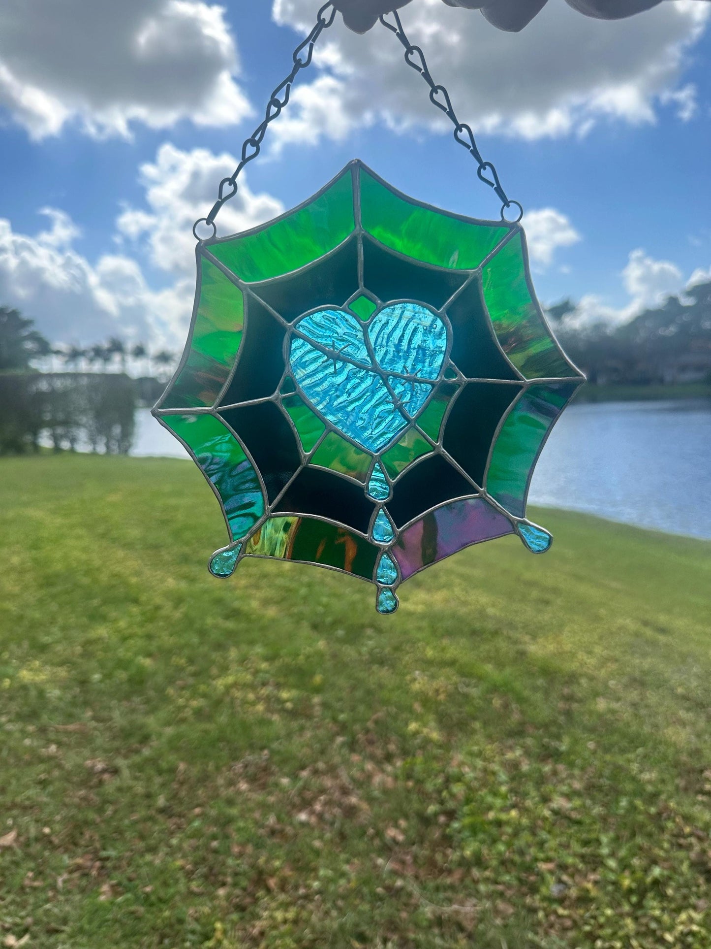 Gothic Stained Glass Spider Web Heart - Dark Decor Sun Catcher