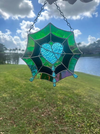 Gothic Stained Glass Spider Web Heart - Dark Decor Sun Catcher