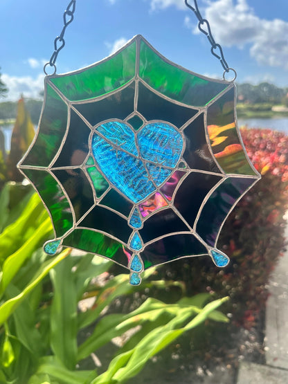Gothic Stained Glass Spider Web Heart - Dark Decor Sun Catcher
