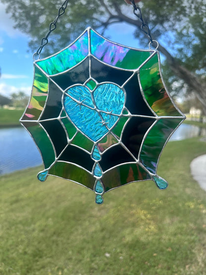Gothic Stained Glass Spider Web Heart - Dark Decor Sun Catcher