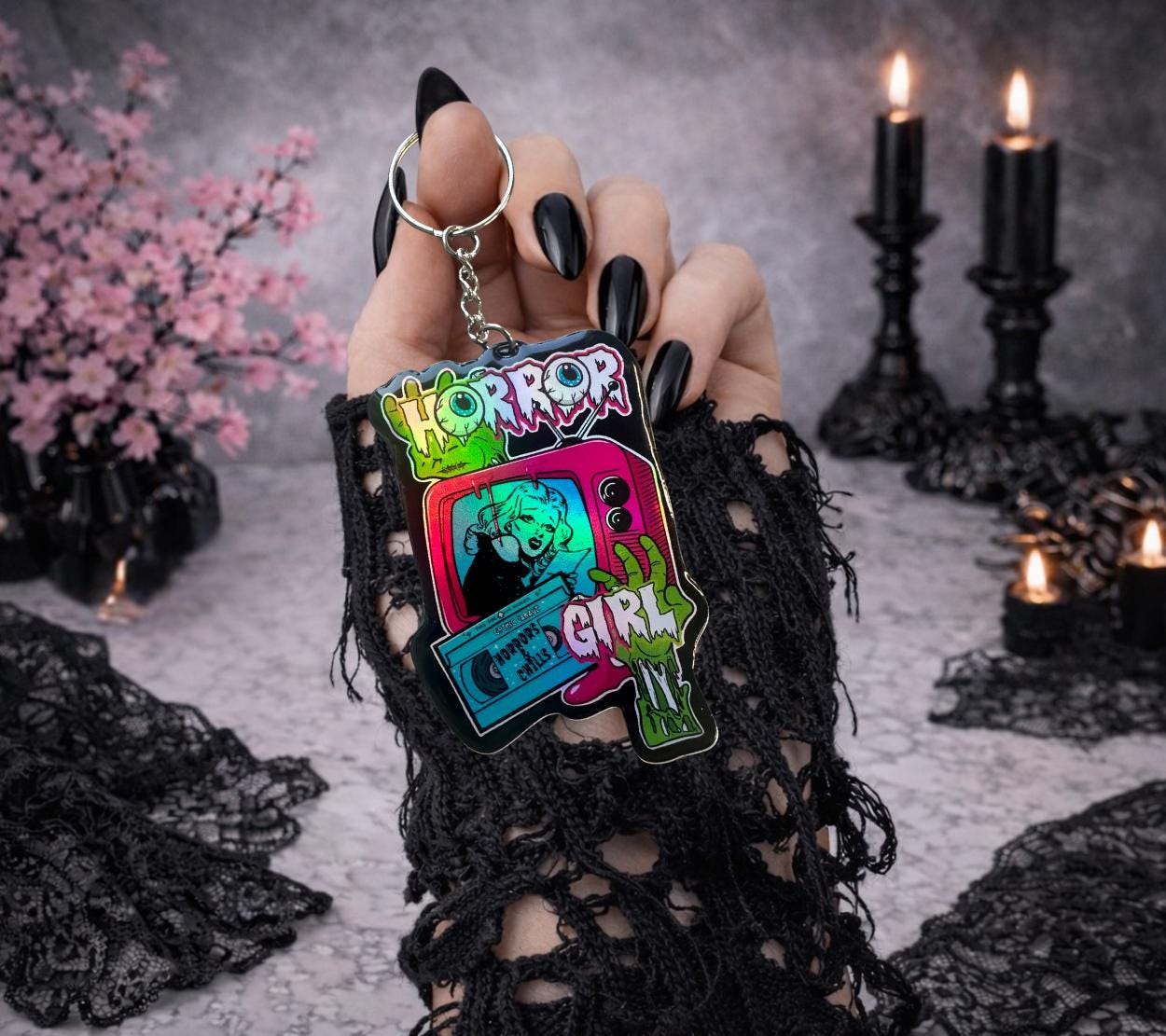 Horror Girl Keychain – Holographic Resin Acrylic Key Ring for Spooky Bags & Horror Fans