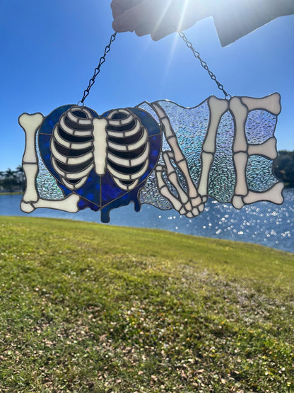 LOVE Skeletal Hands Stained Glass Panel – Gothic Home Hanging Decor