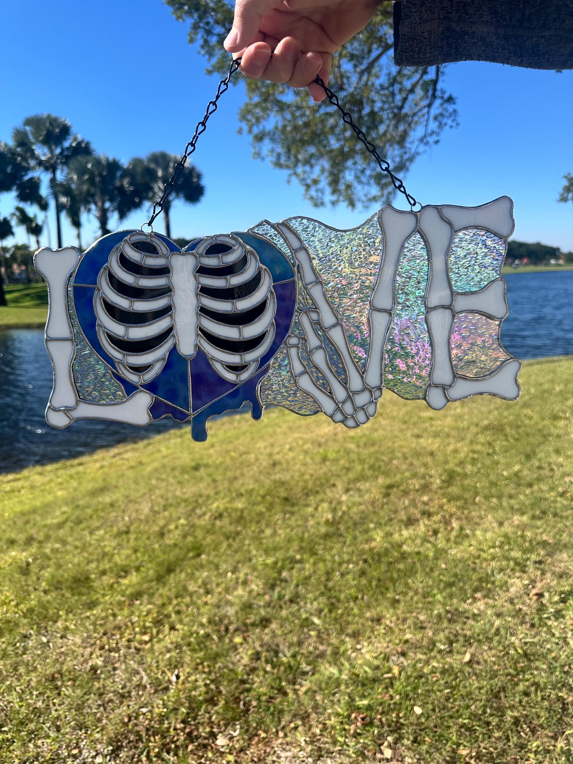 LOVE Skeletal Hands Stained Glass Panel – Gothic Home Hanging Decor