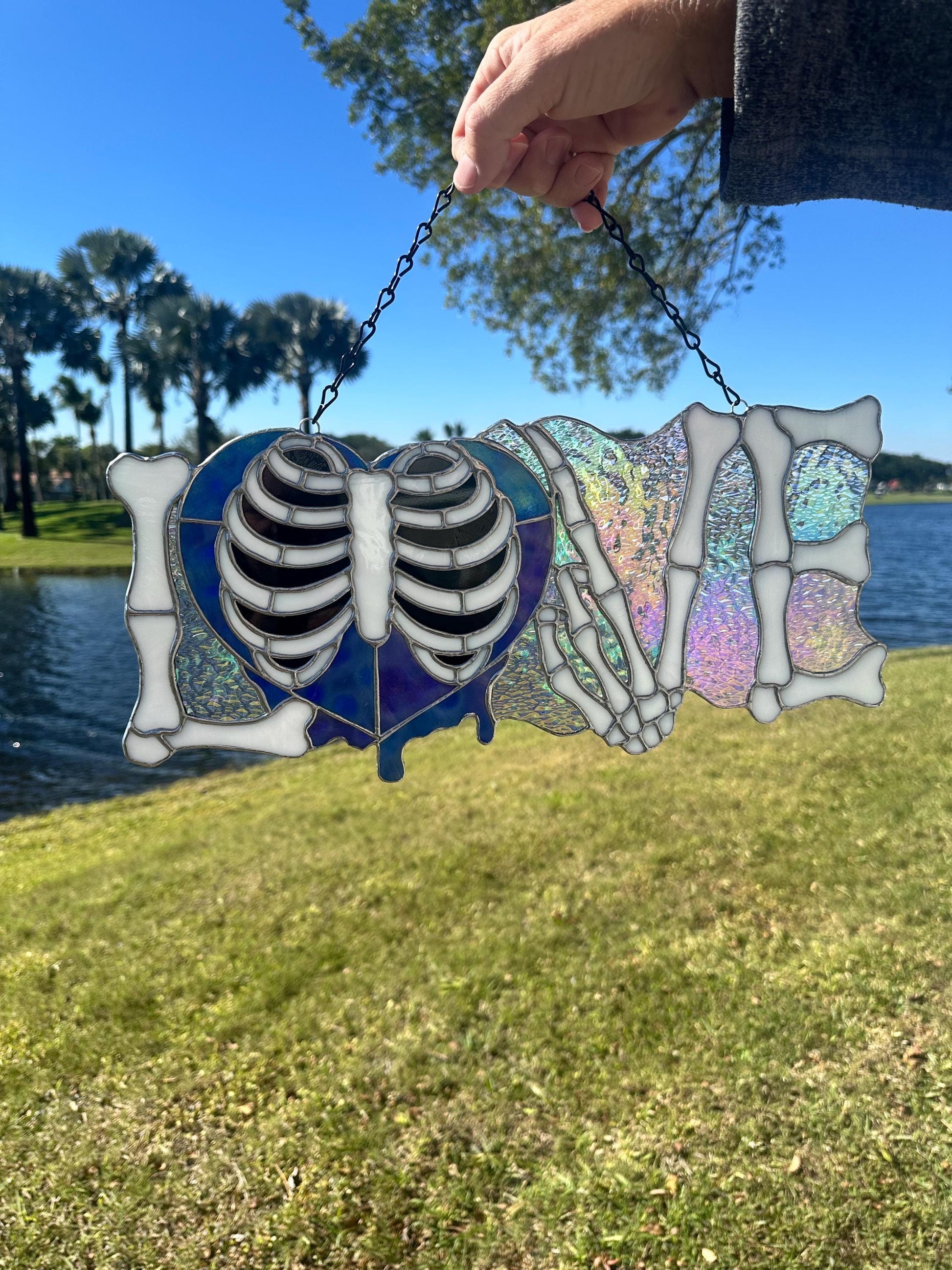LOVE Skeletal Hands Stained Glass Panel – Gothic Home Hanging Decor