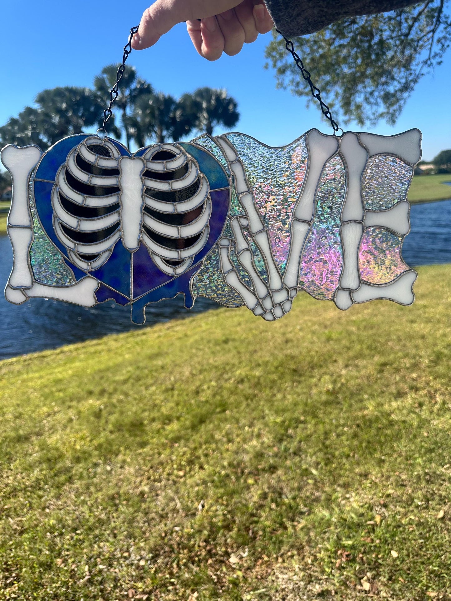 LOVE Skeletal Hands Stained Glass Panel – Gothic Home Hanging Decor