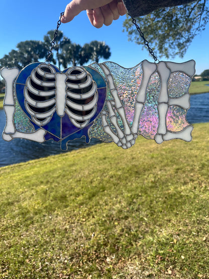 LOVE Skeletal Hands Stained Glass Panel – Gothic Home Hanging Decor