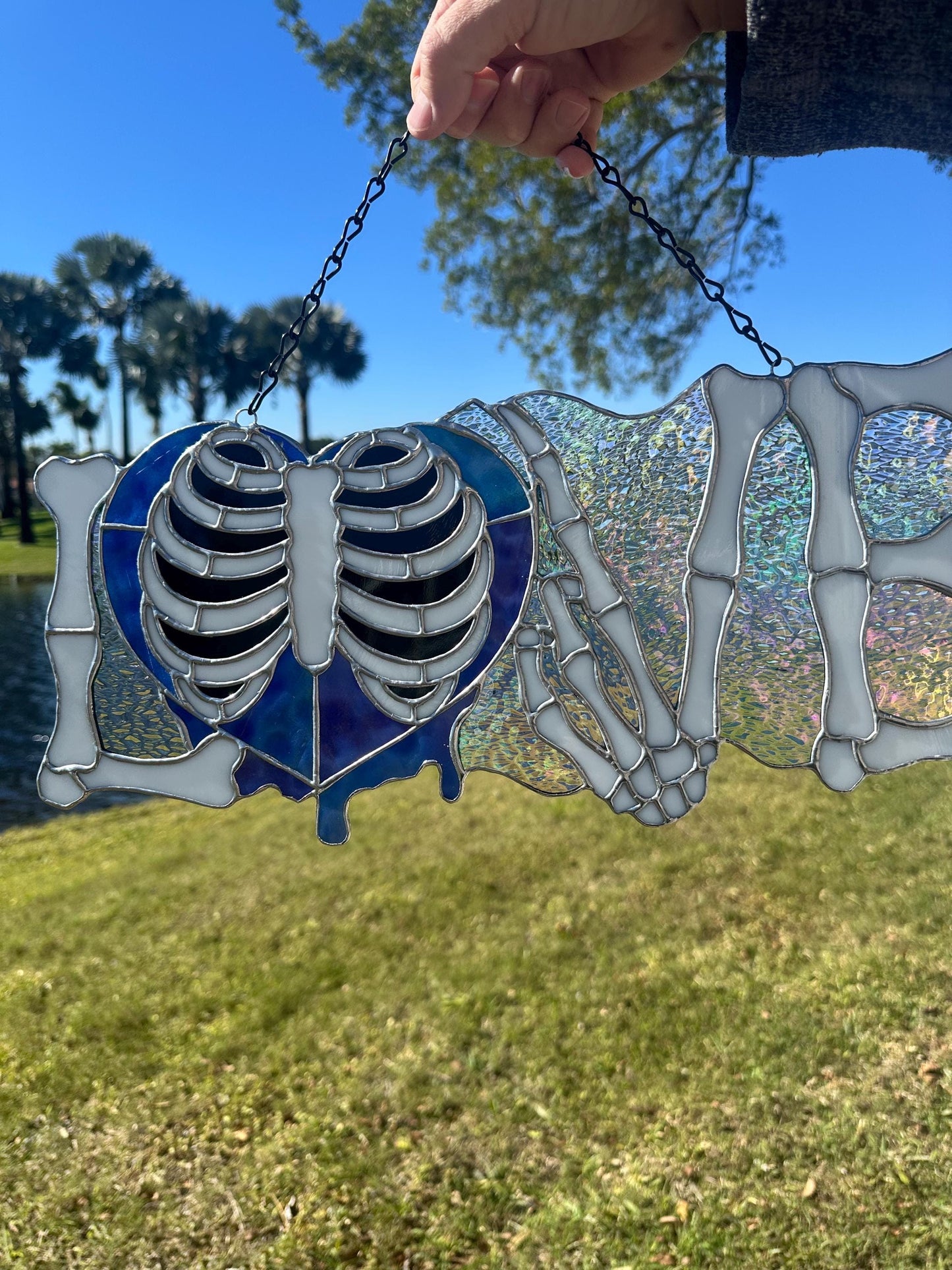 LOVE Skeletal Hands Stained Glass Panel – Gothic Home Hanging Decor