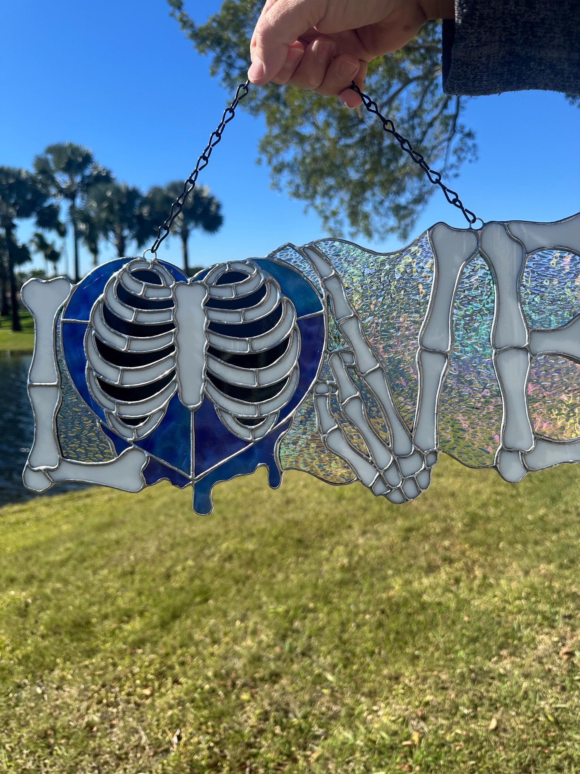 LOVE Skeletal Hands Stained Glass Panel – Gothic Home Hanging Decor