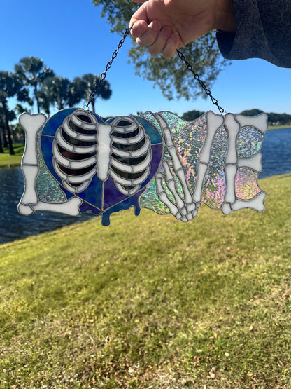 LOVE Skeletal Hands Stained Glass Panel – Gothic Home Hanging Decor