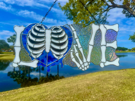 LOVE Skeletal Hands Stained Glass Panel – Gothic Home Hanging Decor