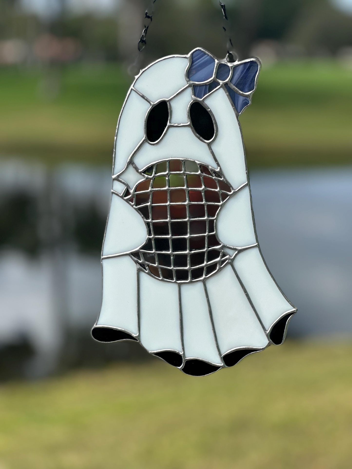 Disco Ghost Stained Glass Suncatcher – Gothic Window Hanging Decor