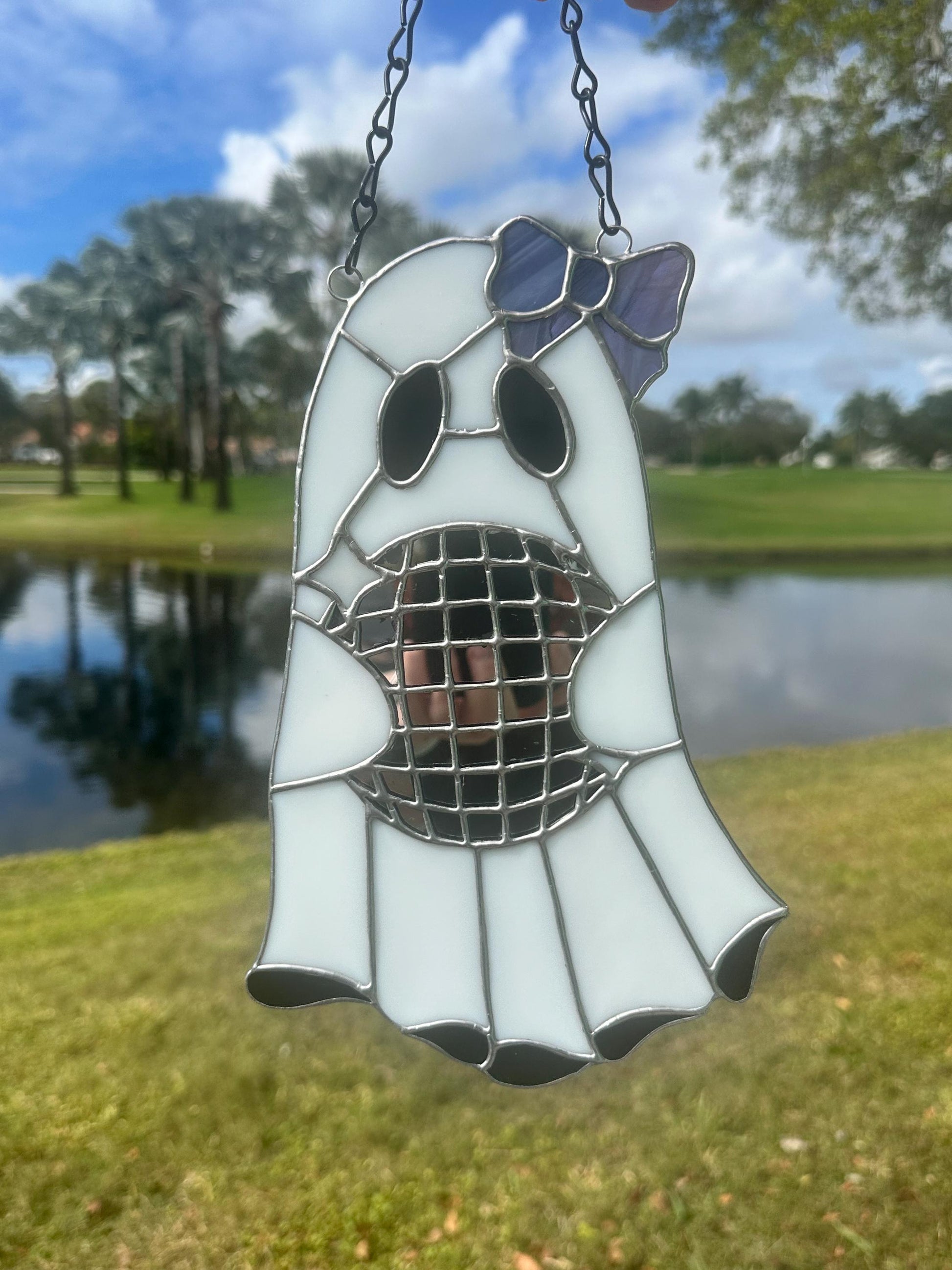 Disco Ghost Stained Glass Suncatcher – Gothic Window Hanging Decor