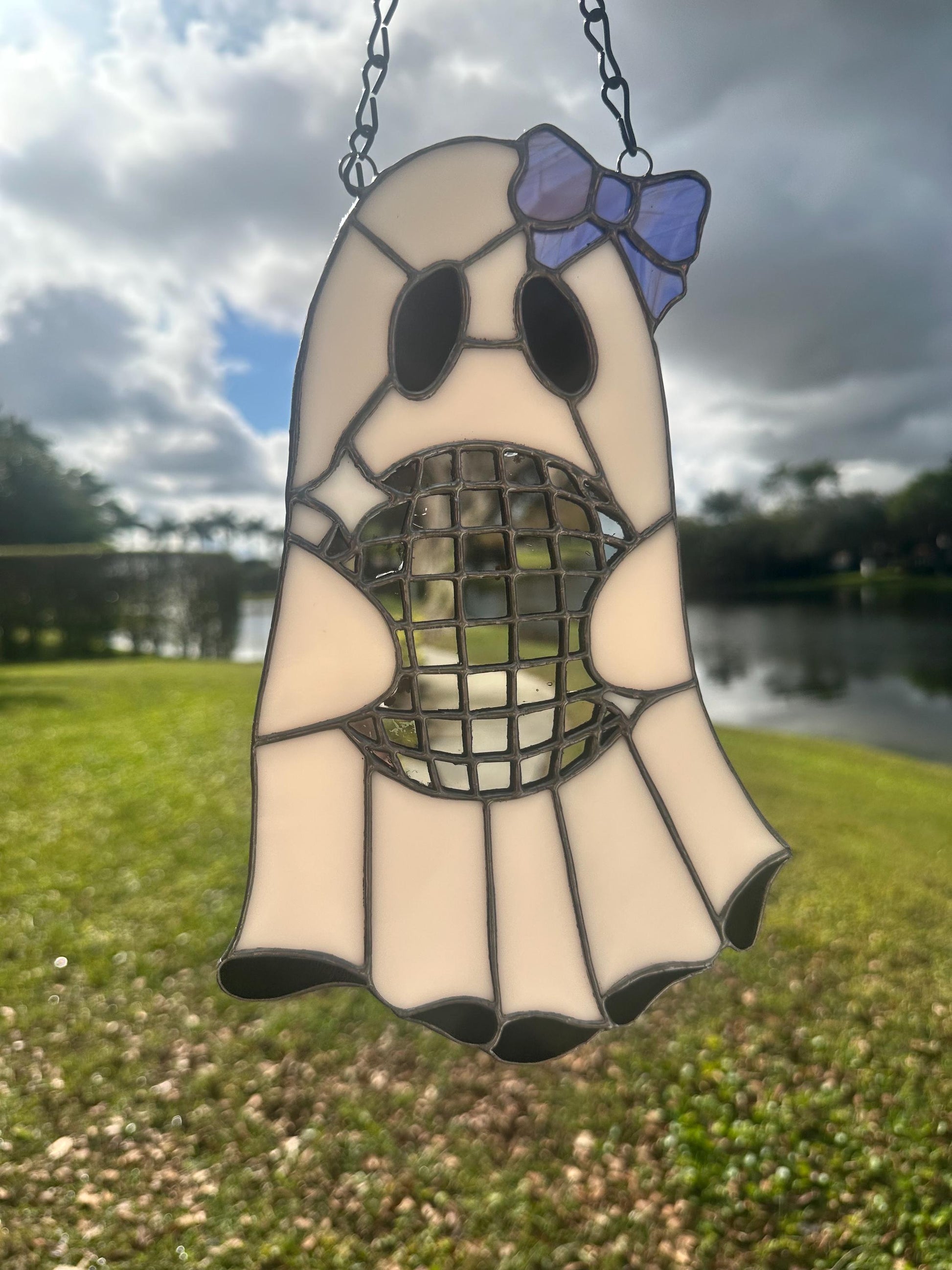 Disco Ghost Stained Glass Suncatcher – Gothic Window Hanging Decor