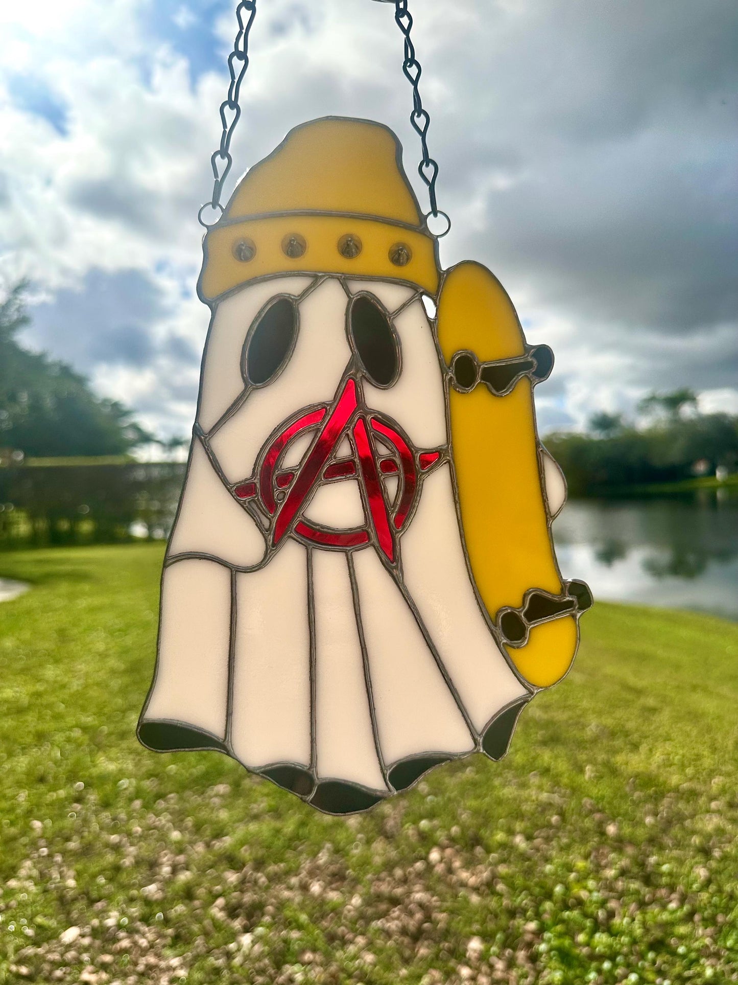 Punk Ghost Stained Glass Suncatcher – Gothic Window Hanging Decor