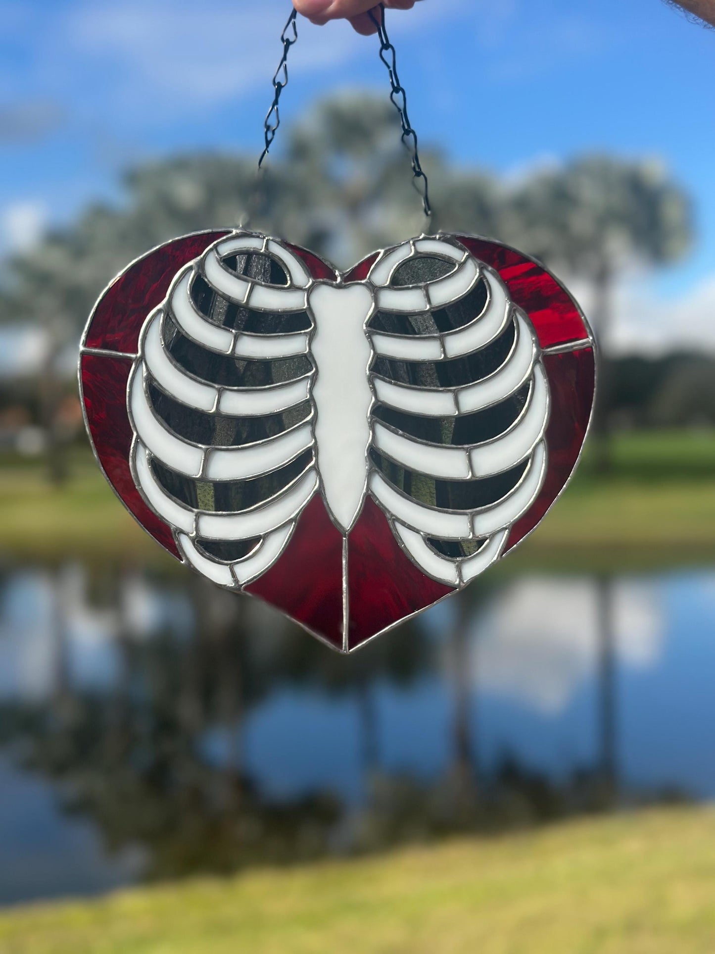 Anatomical Ribcage Heart Stained Glass Suncatcher – Gothic Love Window Art