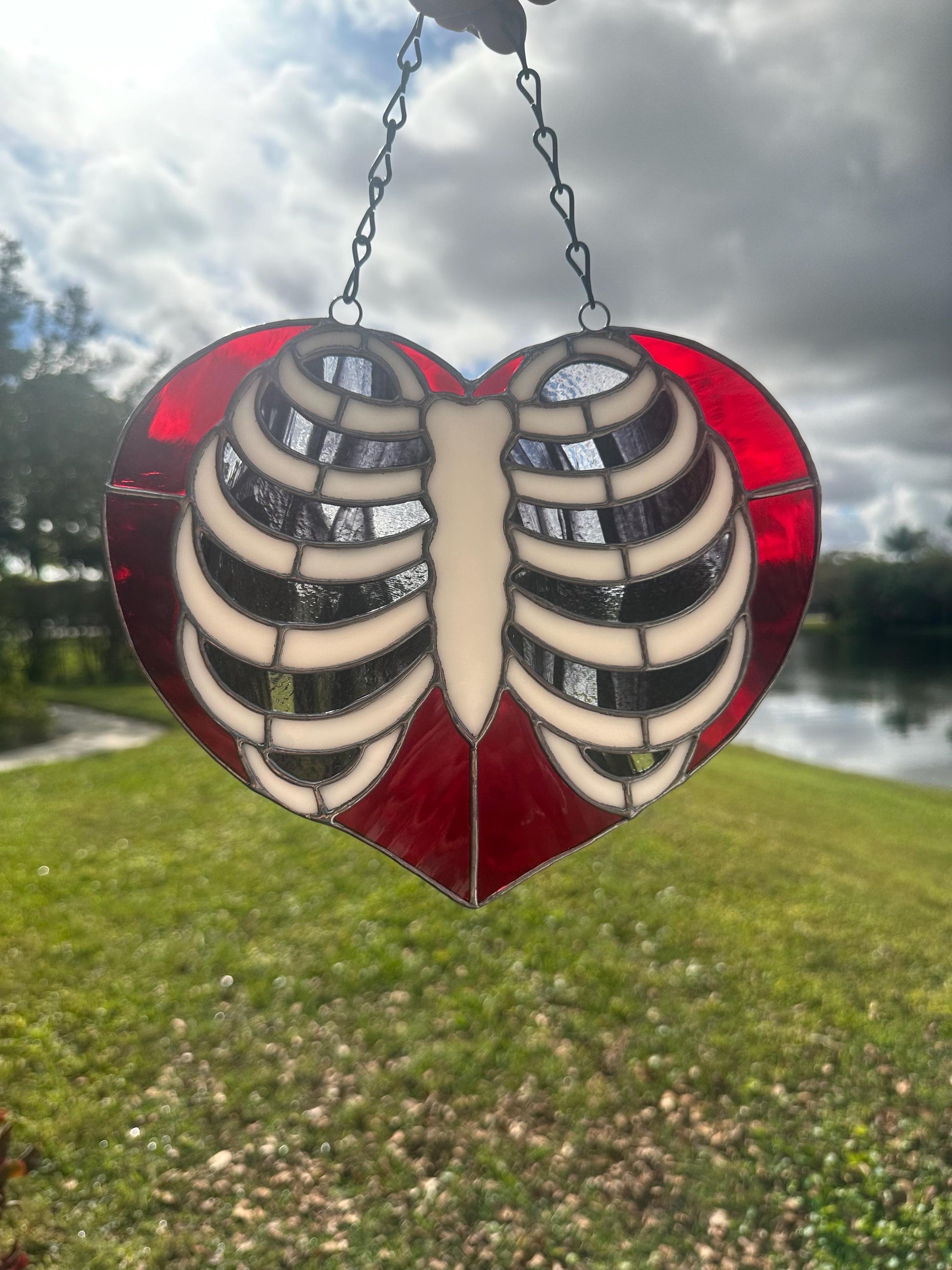 Anatomical Ribcage Heart Stained Glass Suncatcher – Gothic Love Window Art
