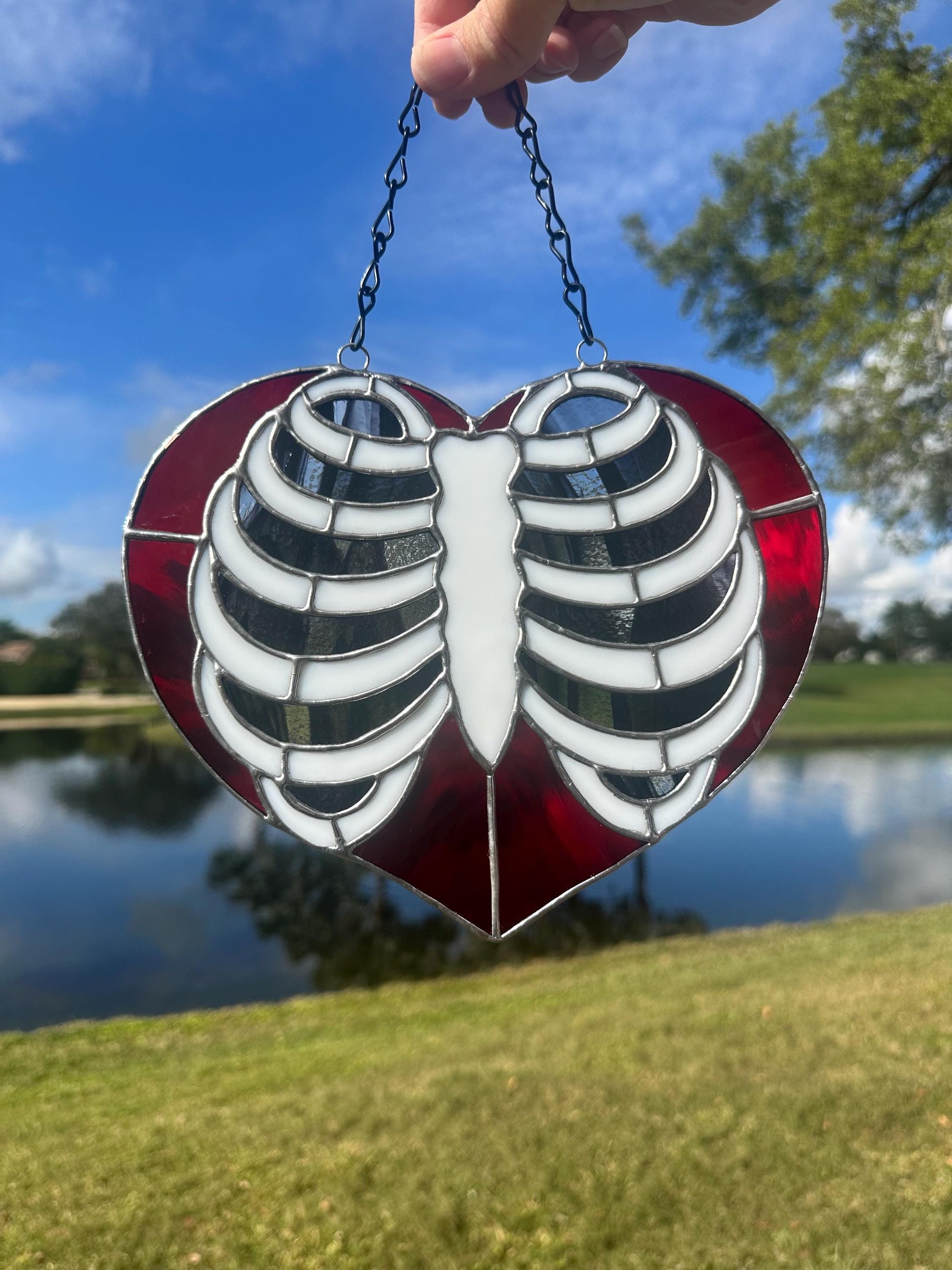 Anatomical Ribcage Heart Stained Glass Suncatcher – Gothic Love Window Art