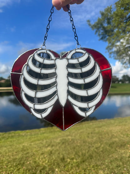 Anatomical Ribcage Heart Stained Glass Suncatcher – Gothic Love Window Art