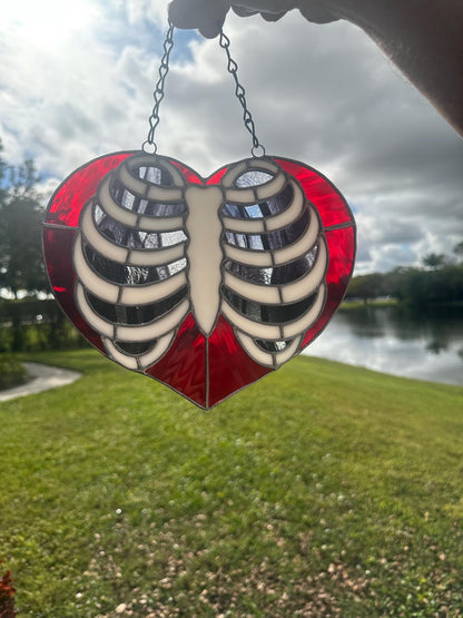Anatomical Ribcage Heart Stained Glass Suncatcher – Gothic Love Window Art
