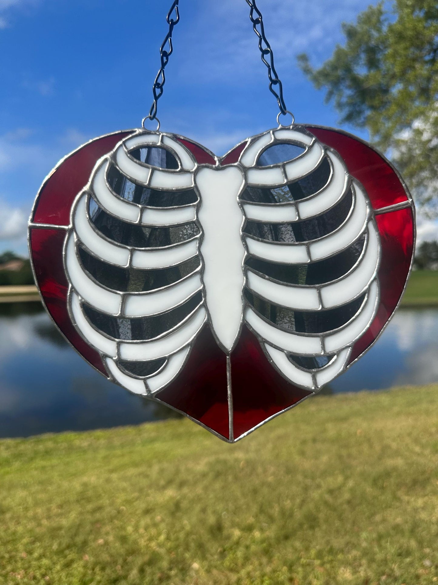 Anatomical Ribcage Heart Stained Glass Suncatcher – Gothic Love Window Art