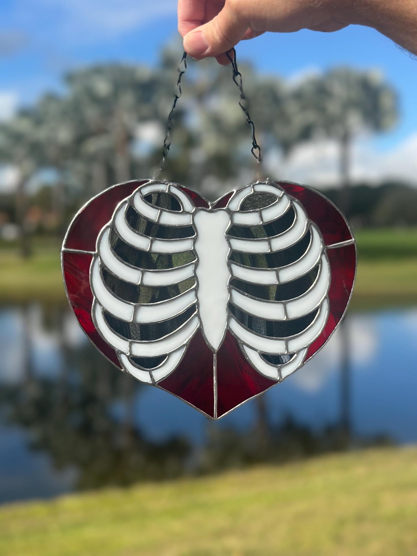 Anatomical Ribcage Heart Stained Glass Suncatcher – Gothic Love Window Art