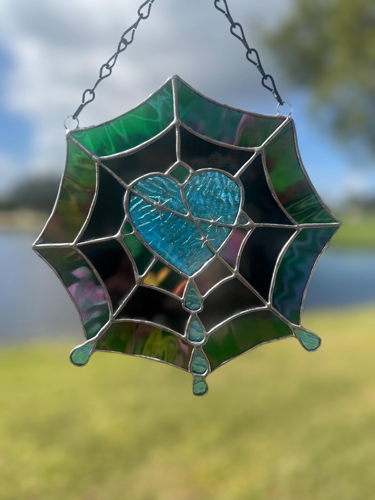 Gothic Stained Glass Spider Web Heart - Dark Decor Sun Catcher