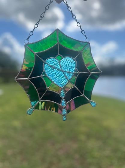 Gothic Stained Glass Spider Web Heart - Dark Decor Sun Catcher