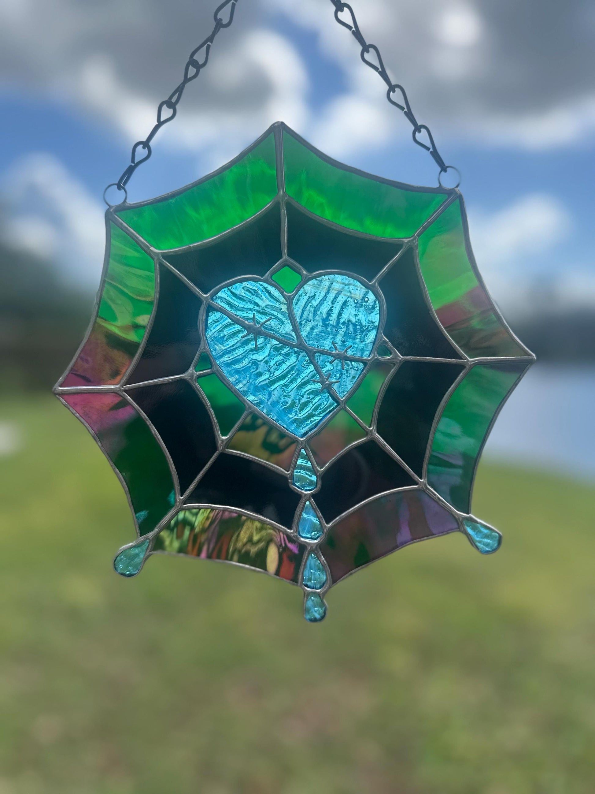 Gothic Stained Glass Spider Web Heart - Dark Decor Sun Catcher