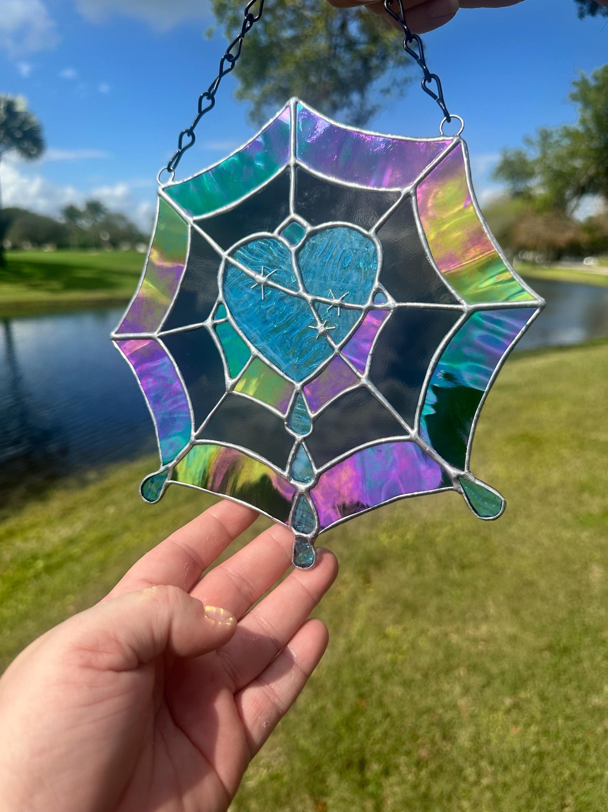 Gothic Stained Glass Spider Web Heart - Dark Decor Sun Catcher