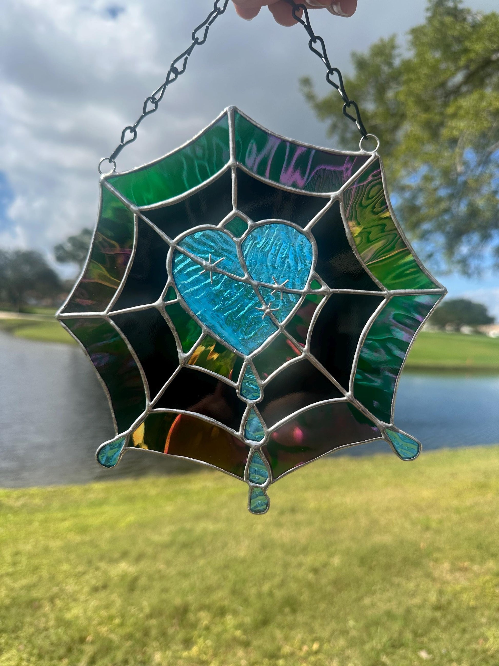 Gothic Stained Glass Spider Web Heart - Dark Decor Sun Catcher