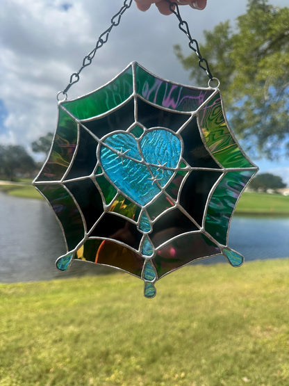 Gothic Stained Glass Spider Web Heart - Dark Decor Sun Catcher