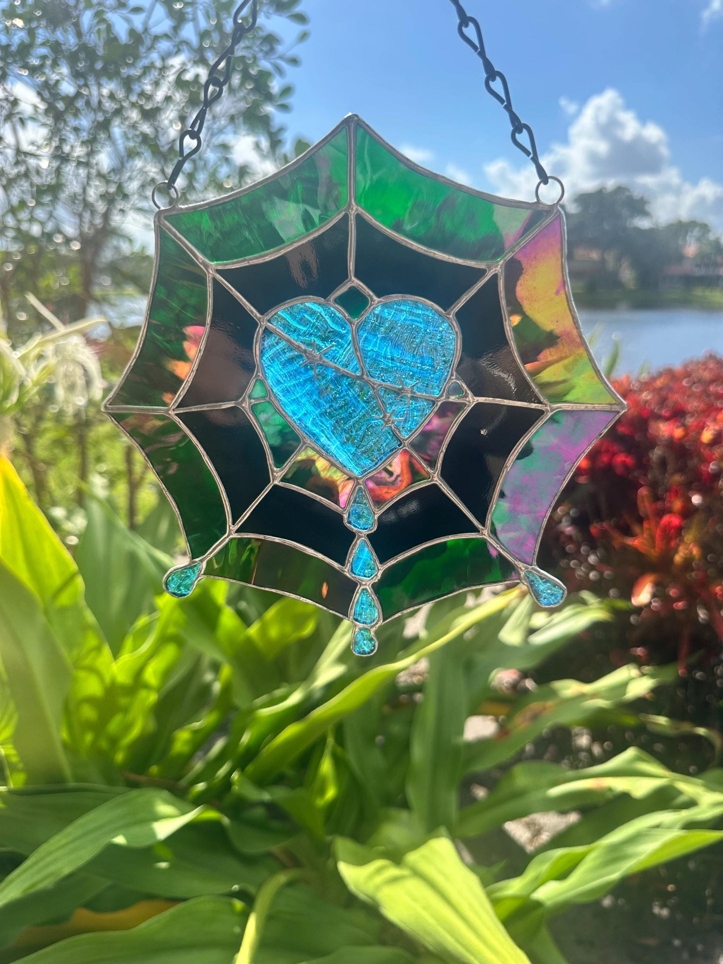 Gothic Stained Glass Spider Web Heart - Dark Decor Sun Catcher