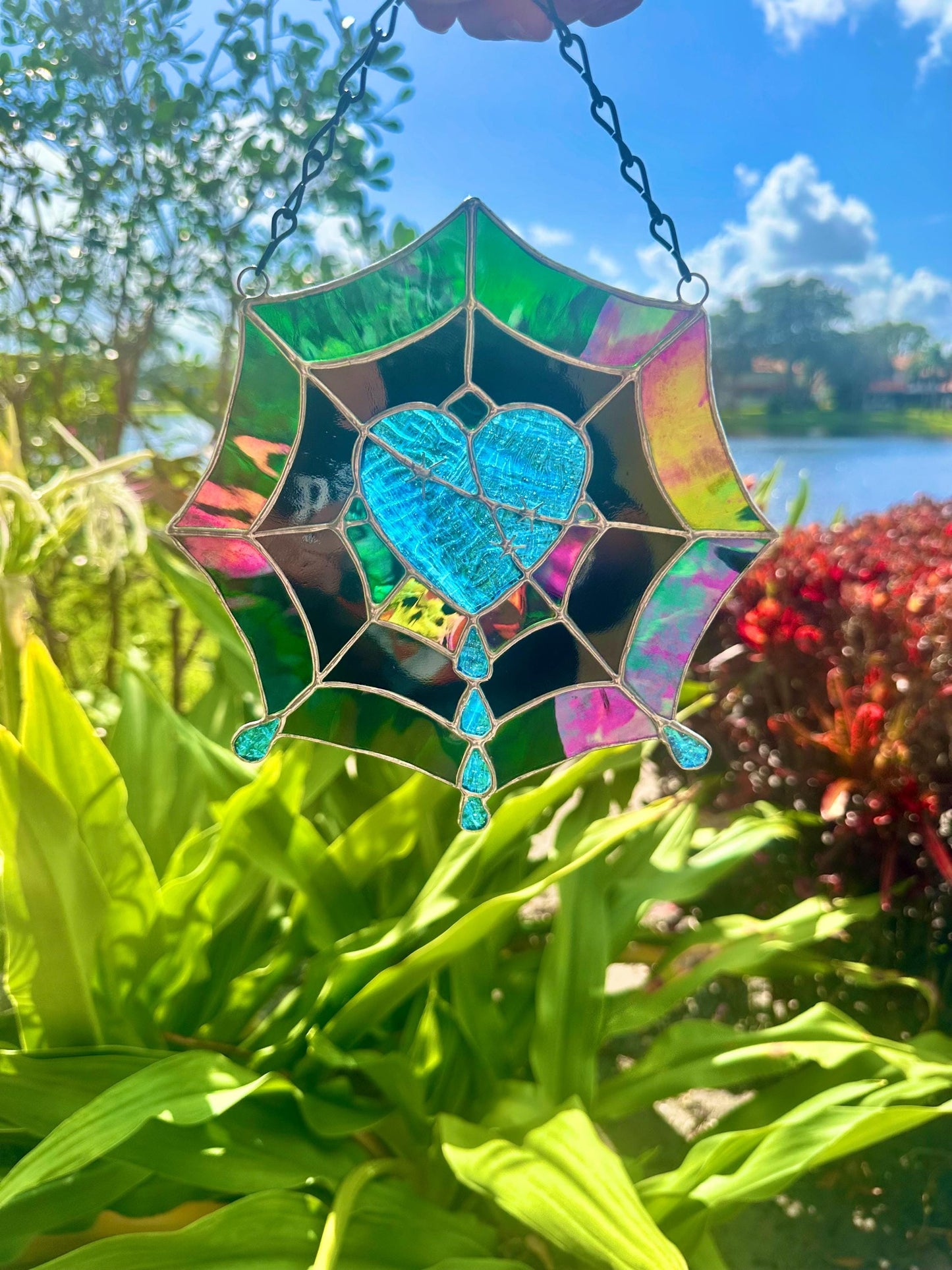 Gothic Stained Glass Spider Web Heart - Dark Decor Sun Catcher