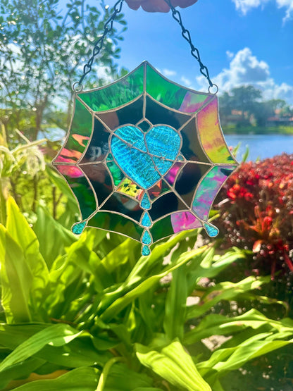 Gothic Stained Glass Spider Web Heart - Dark Decor Sun Catcher