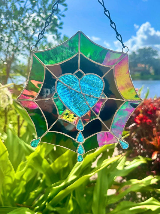 Gothic Stained Glass Spider Web Heart - Dark Decor Sun Catcher