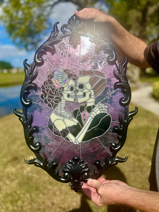 Till Death Gothic Lovers, Metal Framed Stained Glass Art — An Heirloom Tribute to Devotion